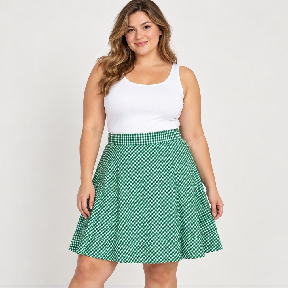 Green White Gingham Cotton Midi Skirt CATO Size 16 Cottagecore Prairie Picnic